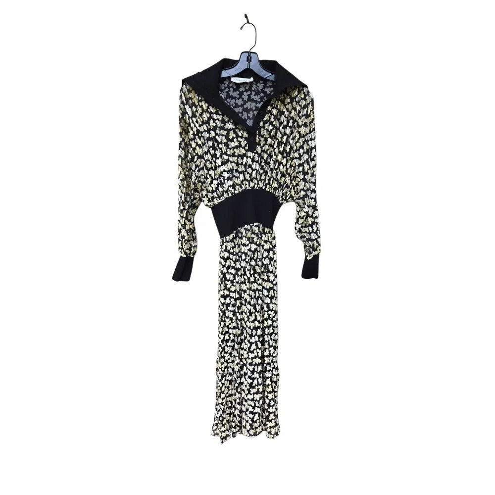 Tory Burch Tan and Black Pleated Long Sleeve Dress
